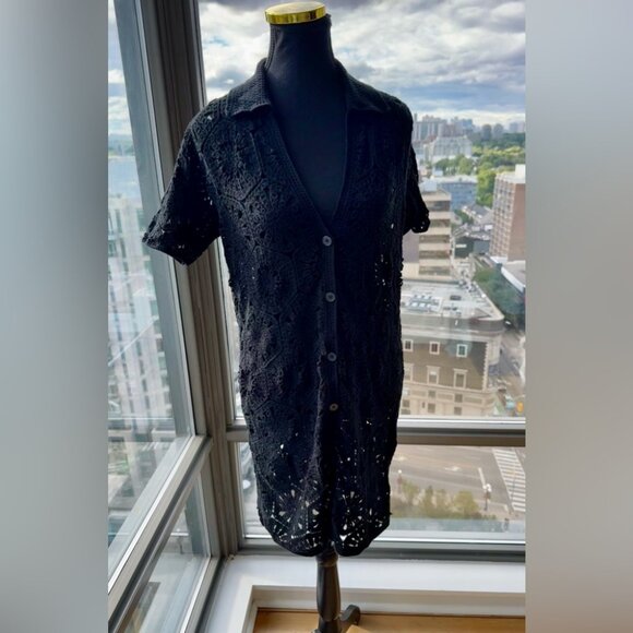 🆕 FARM Rio 🧿 NWOT Black Semisheer Floral Button-Up Crochet Cover-Up Dress, S - Picture 4 of 16